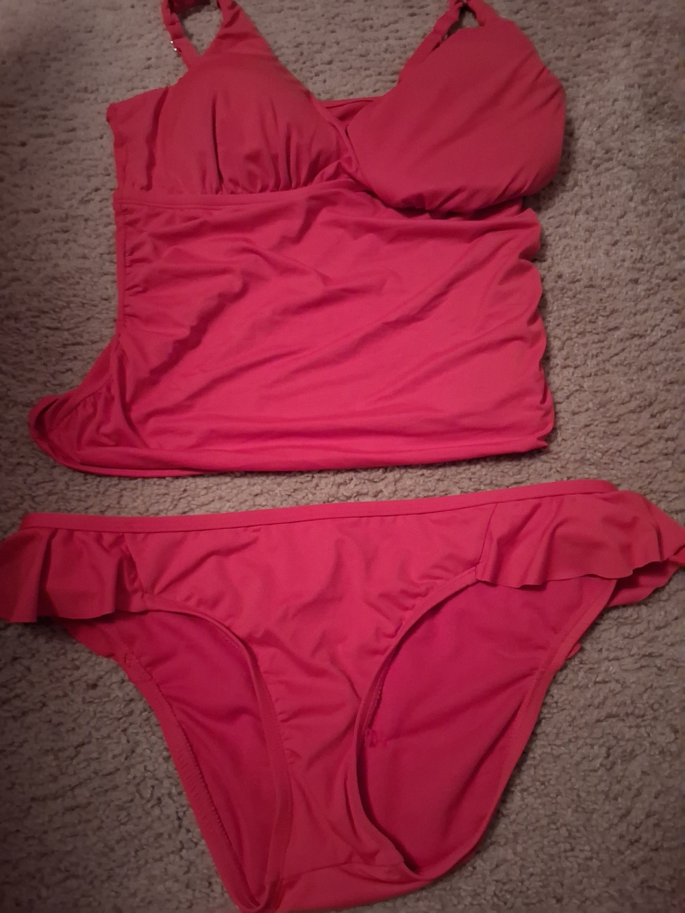 Red Two Piece With Medium Bottoms And 34 DD Top